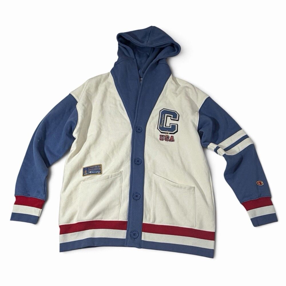 Champion USA Hooded Fleece Cardigan Women’s Medium Red White Blue Button Up NWT